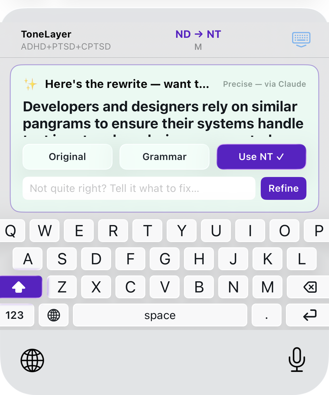 The ToneLayer keyboard extension, showing its toolbar and full QWERTY layout
